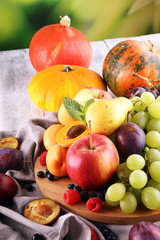Naklejka na ściany i meble Fresh summer fruits with apple, grapes, berries, pear and apricot
