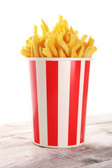 Potatoes French Fries in Red and white Carton Package Box. Fast Food.