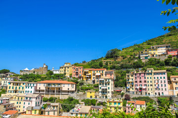 Naklejka premium View over the the historic architecture of Cinque Terre, Italy with colourful houses on a sunny day.