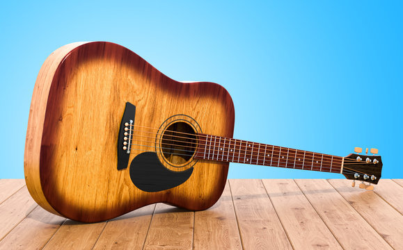 Wooden guitar on the wooden table. 3D rendering