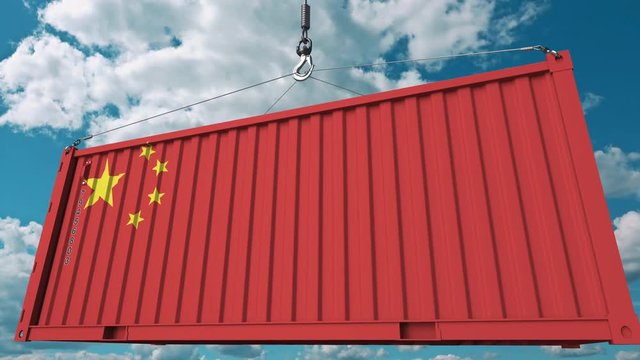 Loading cargo container with flag of China. Chinese import or export related conceptual 3D animation