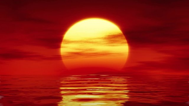 Calm sea with sunset on red background loopable animation