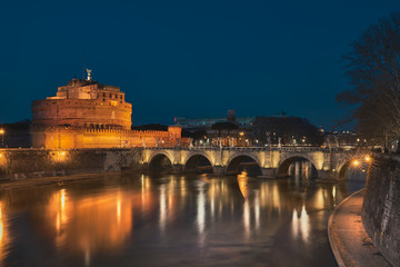 Rome, Castel Sant'Angelo, Tiber river at night