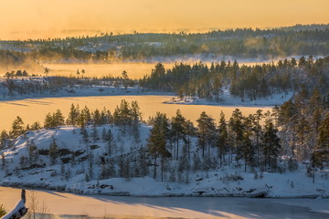 Lake Ladoga in the cold. Winter day. Open water.