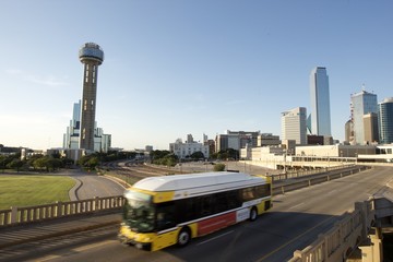 Downtown Dallas with Bus Speeding By