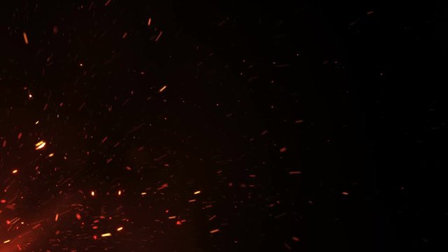 Beautiful Burning Hot Sparks Rising from Large Fire in Night Sky. Abstract Isolated Fire Glowing Particles on Black Background Flying Up. Looped 3d Animation. 4k Ultra HD 3840x2160