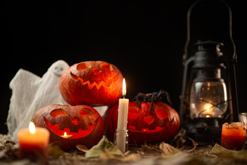 Fototapeta na wymiar Happy Halloween! Background of pumpkins on a dark background