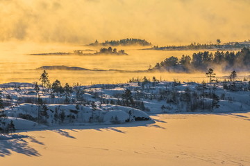 Lake Ladoga in the cold. Winter day. Open water.