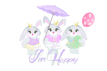 Pretty hares with a bow on her head, hand drawn graphic, kid print
