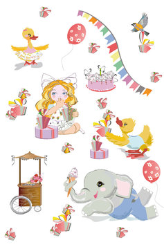  Vector set with cute funny animals in cartoon style. Ducks, elephant, birds and rabbits etc. Birthday elements. 