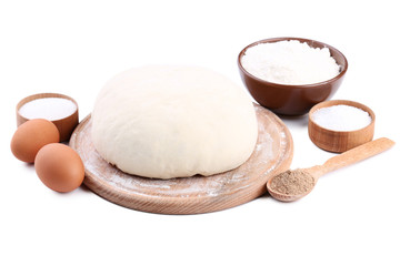 Raw dough with eggs and flour in bowl isolated on white background