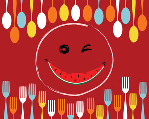 Spoon,fork, water melon on plate in colourful tone on red background, illustration, vector of kitchen theme background,