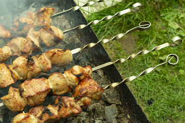fried meat, shish kebabs, cooked on charcoal grill in the open air