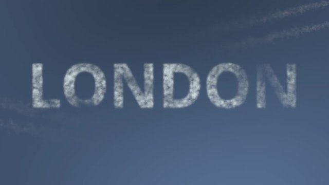 Flying airplanes reveal London caption. Traveling to the United Kingdom conceptual intro animation