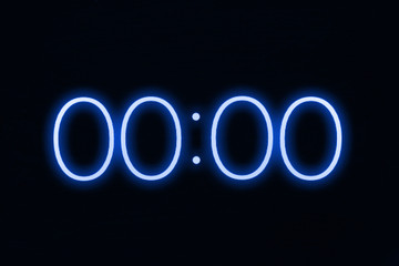 Digital clock timer stopwatch display showing 0 zero seconds remaining in glowing blue numbers....