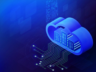 Cloud technology Isometric concept, Modern computing services. Integrated digital web cloud storage