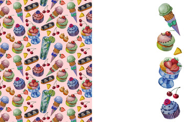 Naklejka premium Beautiful cards. Hand drawn watercolor sweets and cakes