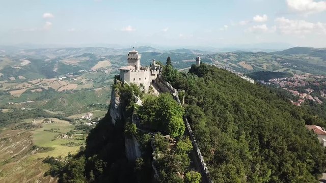Drone flying over an ancient monastery in Italy