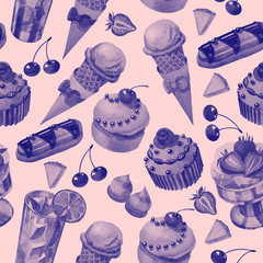 seamless texture pattern background isolated. Hand drawn watercolor sweets and cakes
