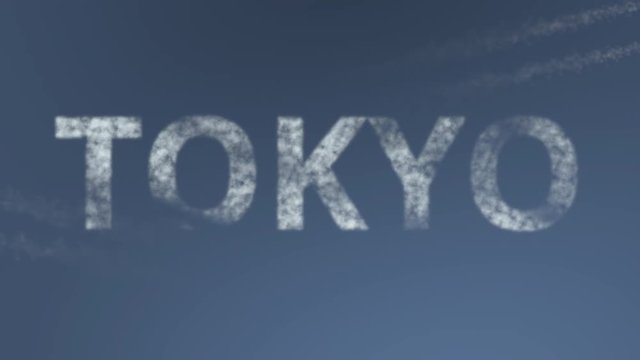 Flying airplanes reveal Tokyo caption. Traveling to Japan conceptual intro animation