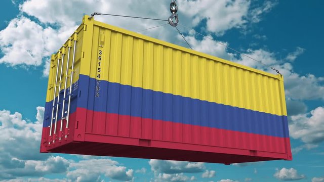 Cargo container with flag of Colombia. Colombian import or export related conceptual 3D animation