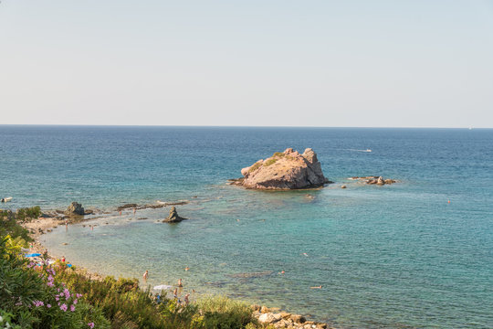 Coastline of Akamas Peninsula with the point of interest "Aphrodite Beach"  in Neo Chorio, Cyprus - aerial view 