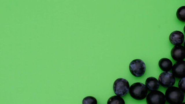 Runde frische reife Pflaumen rollen in das Standbild. Sie bedecken einen gr&uuml;nen Hintergrund, der f&uuml;r chroma keying geeignet ist. Aufnahme in Echtzeit von oben.