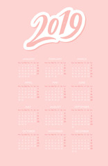 2019 Calendar New Year Pig Pink Cute Animal Design