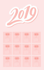Fototapeta na wymiar 2019 Calendar New Year Pig Pink Cute Animal Design