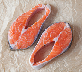Raw salmon steak.