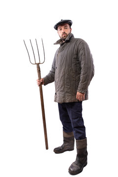 Peasant worker, man with pitchfork in hand on white background, isolated