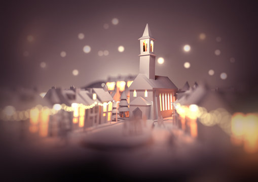 A festive christmas town centre with a church on christmas eve with glowing street lights and decorations. 3D illustration.