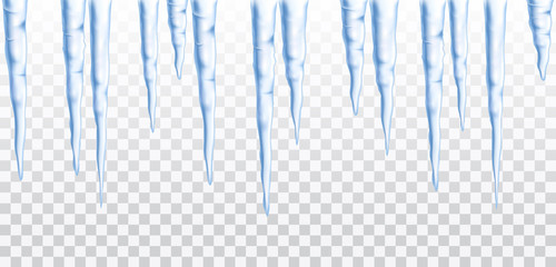 Vector blue frozen icicle seamless border isolated on transparent background - obrazy, fototapety, plakaty
