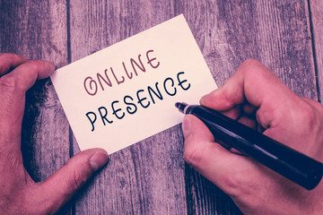 Writing note showing Online Presence. Business photo showcasing existence of someone that can be...