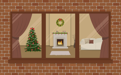 Window on the brick wall. View of the room from the street side. Living room, decorated with Christmas decoration. The room has a fireplace, a white sofa with a pillows and a Christmas tree. Vector