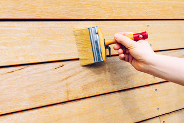 man with paintbrush painting wooden house exterior