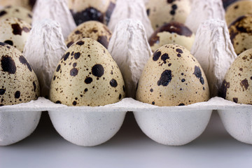 two beautiful quail eggs closeup with blur in the package