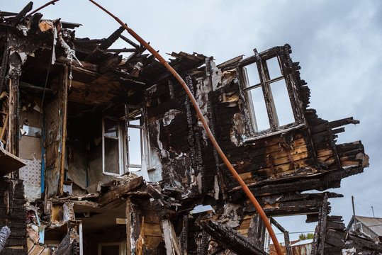 The Old Wooden Burned-down House A View From Inside