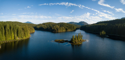 Aerial panoramic view of a beautiful Canadian Landscape during a vibrant sunny summer day. Taken in Cedar Lake, Vancouver Island, BC, Canada.