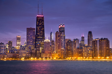 Fototapeta na wymiar Chicago cityscape downtown skyline across Lake Michigan and Lake Shore Drive in Illinois USA