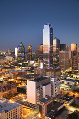 Downtown scenic skyline cityscape at night of Dallas Texas USA