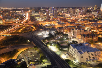 Fototapeta na wymiar Downtown scenic skyline cityscape at night of Dallas Texas USA
