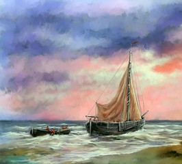 Digital paintings sea landscape. Fisherman, boats. Fine art.