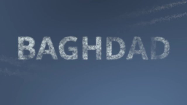 Flying airplanes reveal Baghdad caption. Traveling to Iraq conceptual intro animation