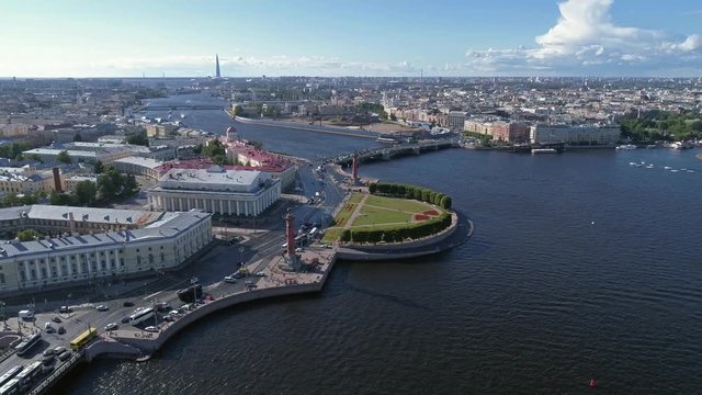 Aerial panorama view of the city center of St. Petersburg, Rostral columns and Peter and Paul Fortress, Russia, 4k
