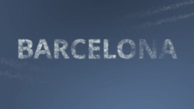 Flying airplanes reveal Barcelona caption. Traveling to Spain conceptual intro animation
