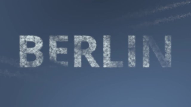 Flying airplanes reveal Berlin caption. Traveling to Germany conceptual intro animation