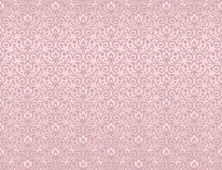 Seamless pattern of flowers and leaves in mauve pink color. Repeat floral ornament for background, fabric, wallpaper, wrapping paper. 