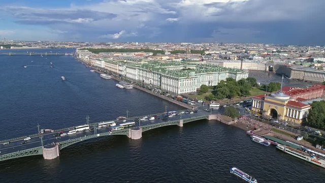 Flight over the Neva River near Hermitage, Winter Palace, the city center of St. Petersburg, Russia, 4k