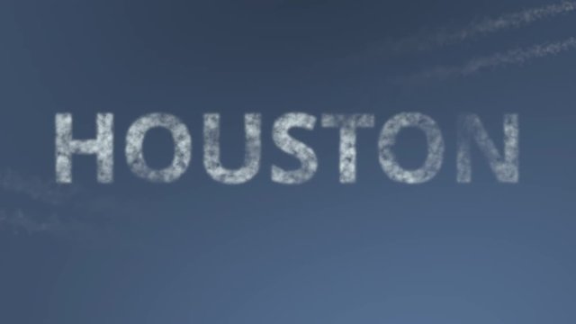 Flying airplanes reveal Houston caption. Traveling to the United States conceptual intro animation